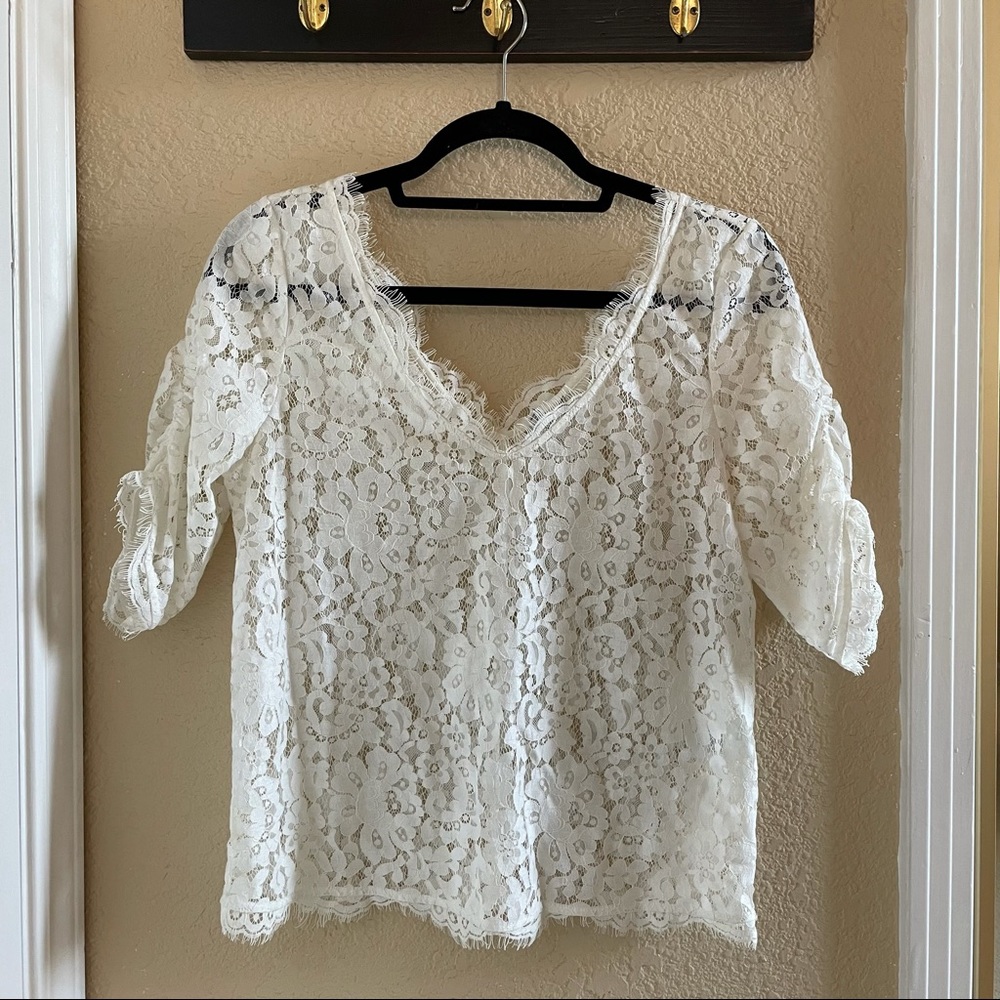 Joie Cotton Blend Lace 3/4 Sleeve V-Neck Blouse in Ivory